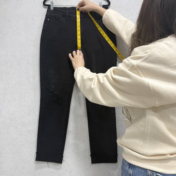 Judy Blue Jeans Womens 7/28 Black Slim Fit Distressed Cuffed Ankle Denim Stretch - Picture 7 of 12